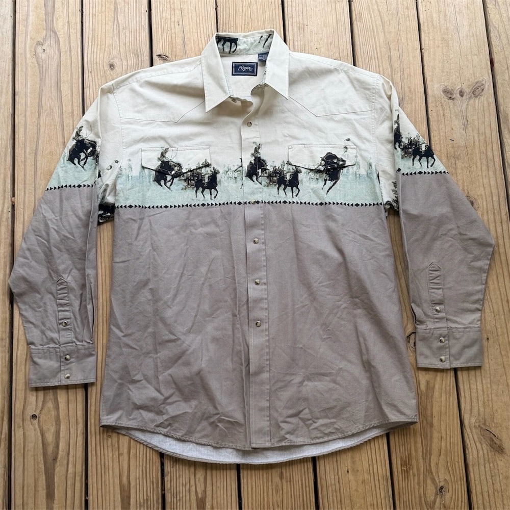 Roper Western‎ Pearl Snap Button-Up Shirt Men's XL Beige Rodeo Border Print